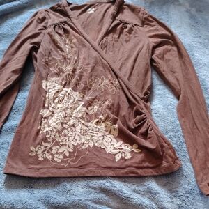 a.n.a Brown Long Sleeve Wrap Blouse with Notched Collar